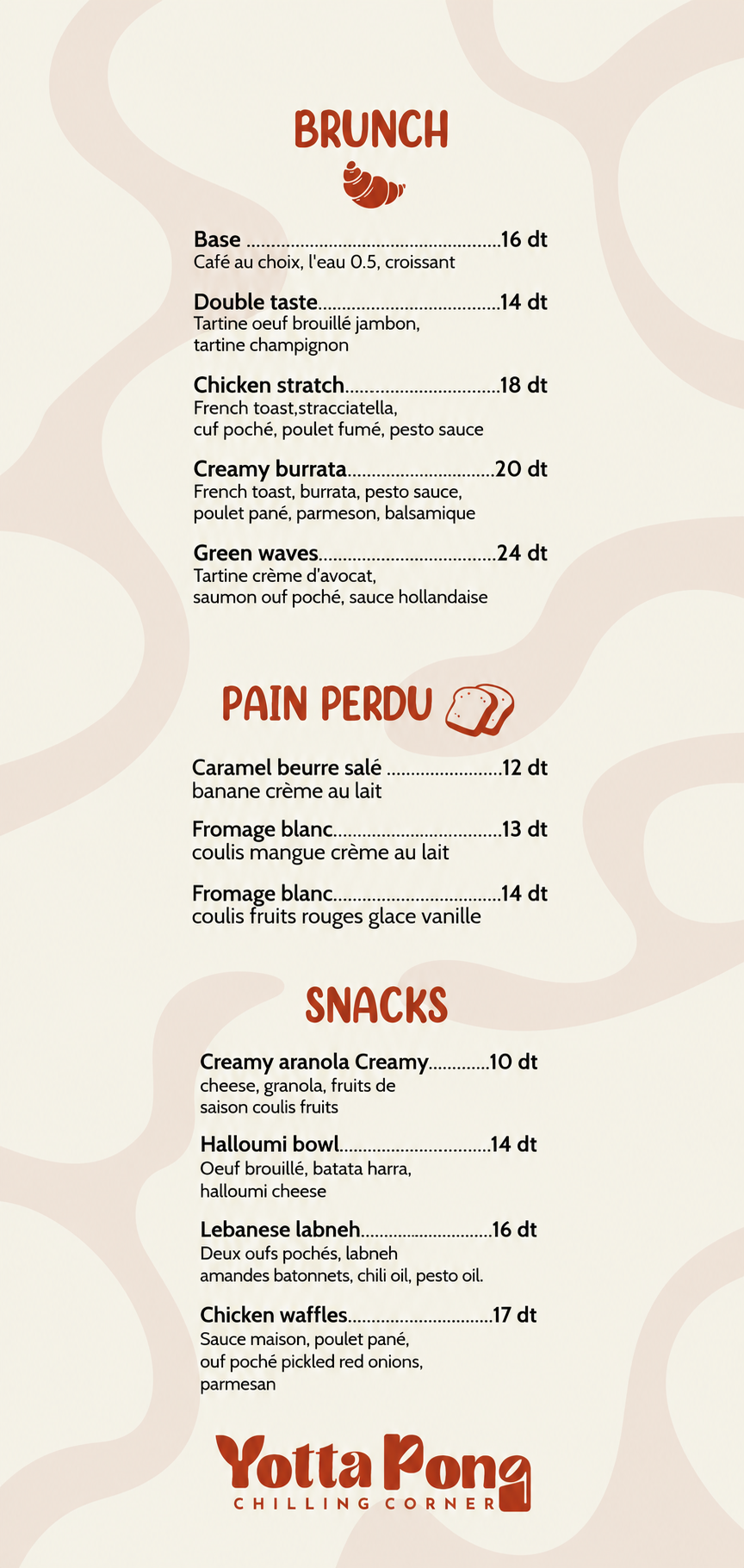 Yotta Pong menu page with Brunch, Pain Perdu and Snacks
