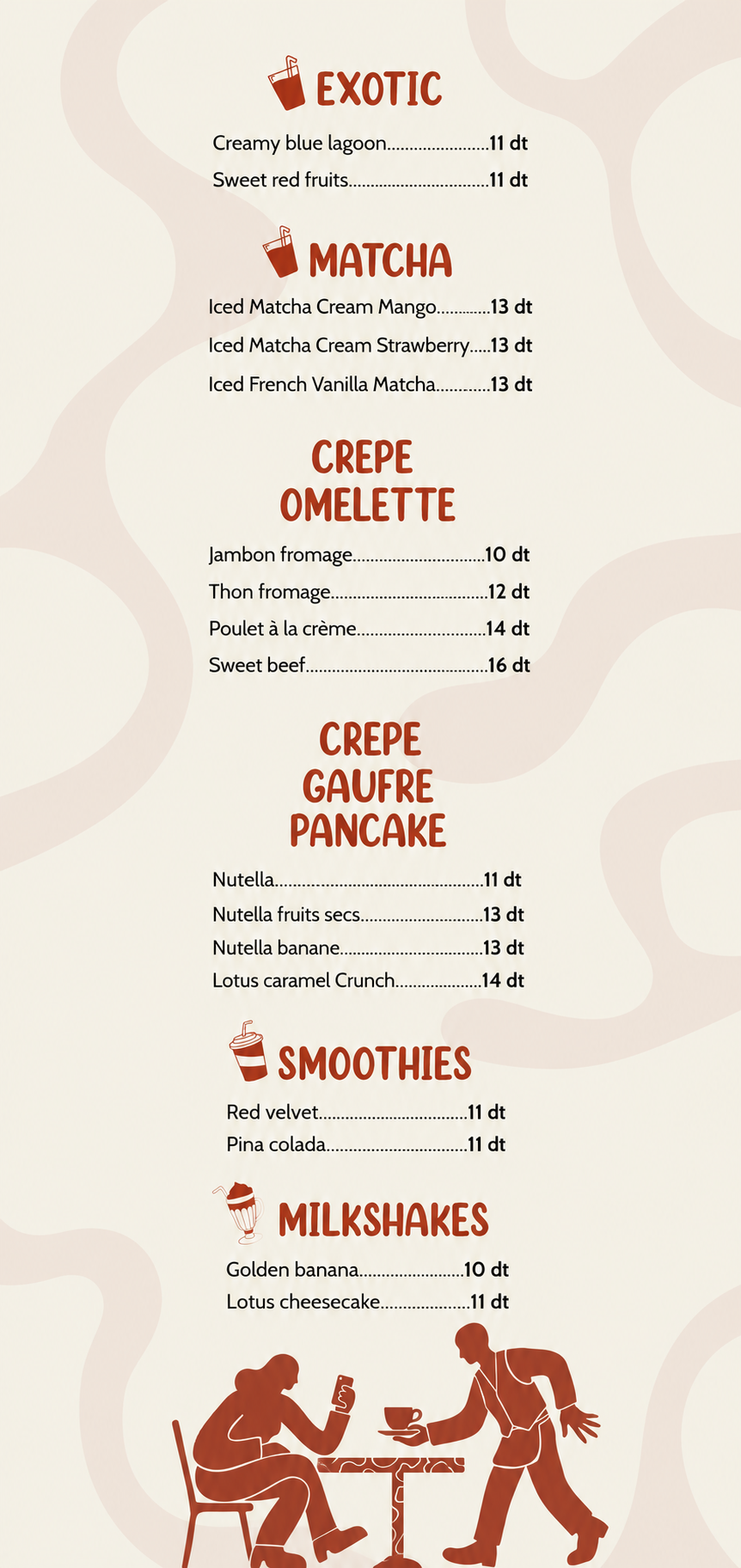 Yotta Pong menu page with Exotic, Matcha, Crepe Omelette, Crepe Gaufre Pancake, Smoothies and Milkshakes