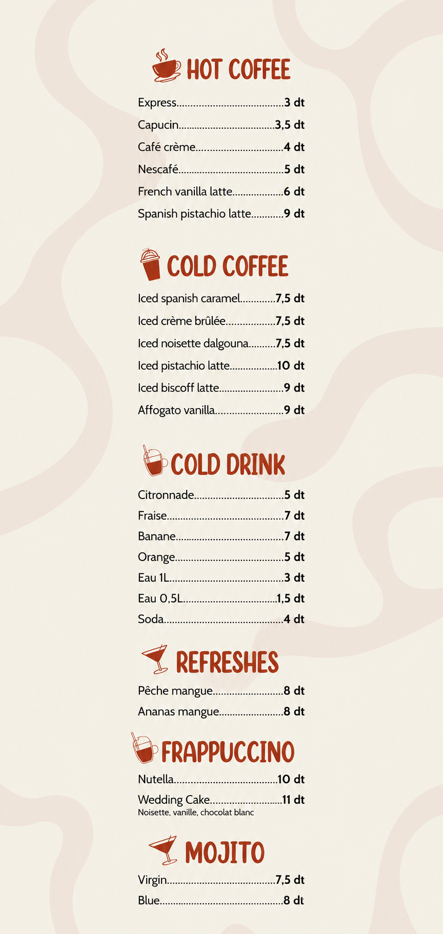 Yotta Pong menu page with Hot Coffee, Cold Coffee, Cold Drink, Refreshes, Frappuccino and Mojito